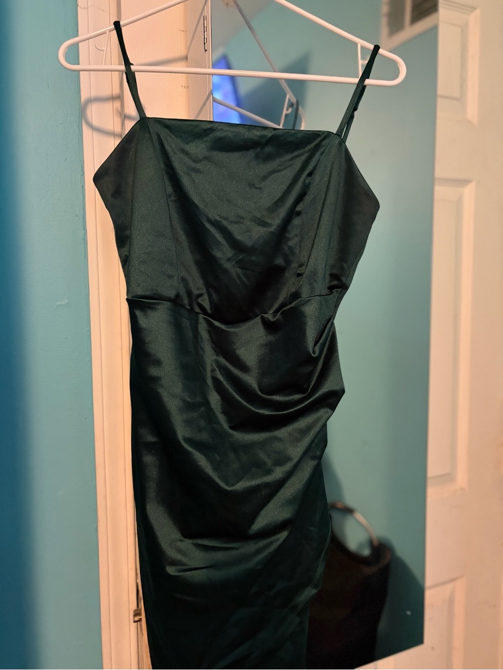 Emerald Sundae Deep Green Satin Spaghetti Strap Mini Dress